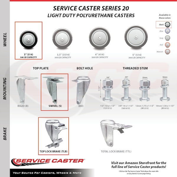 3 Inch Black Polyurethane Wheel Swivel Top Plate Caster with Brake SCC